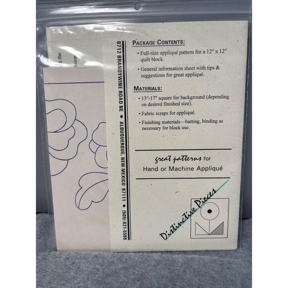 Pansy Quilting Appliqué Pattern by Distinctive Designs 1994 Full-Size For 12"x12 - Picture 3 of 5